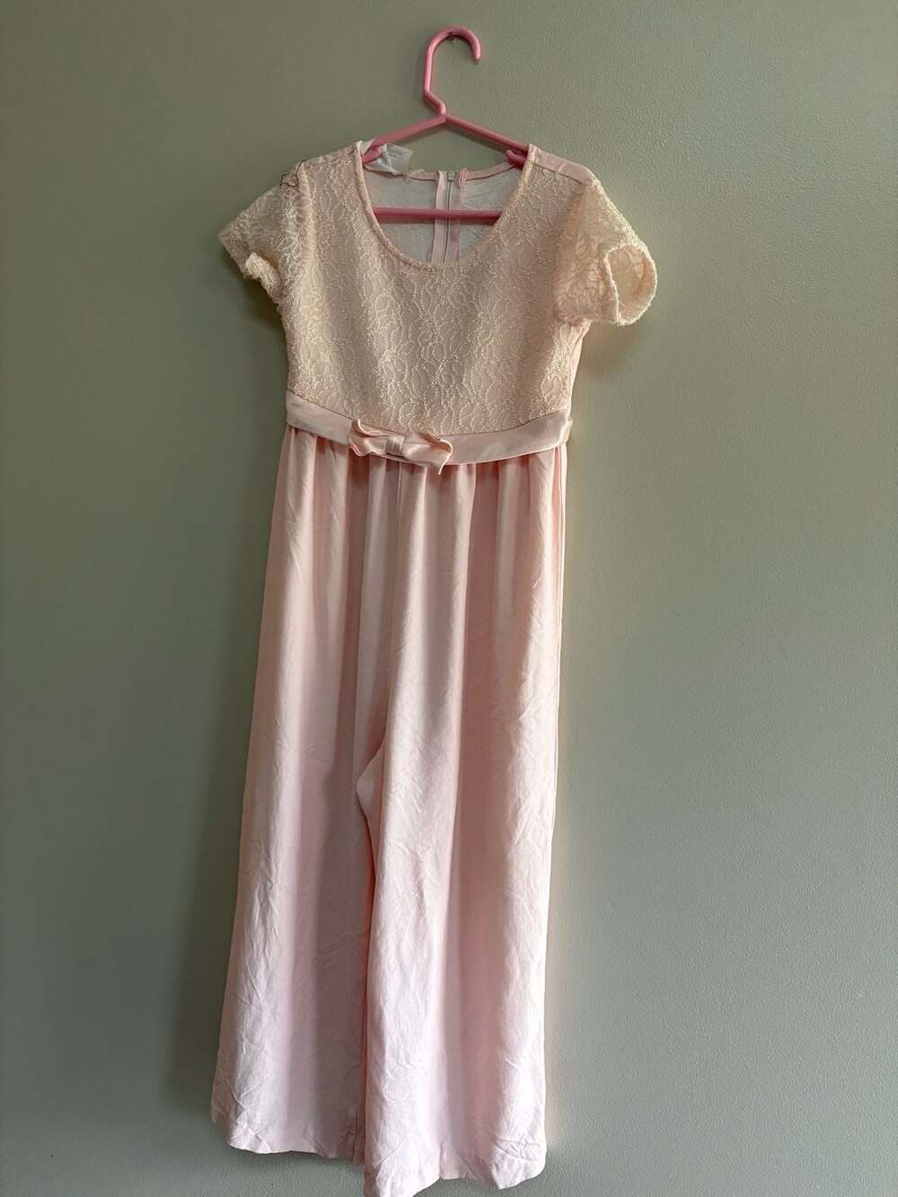 Vintage Bonnie Jean Pink Lace Top Wide Leg Jumpsuit with Bow
